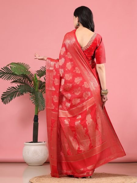 Red Banarasi Georgette jacquard Saree With Embroidery Blouse Banarasi Sarees