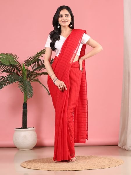 Red Ready To Wear Chiffon Zari Linen Saree Ready To Wear Sarees