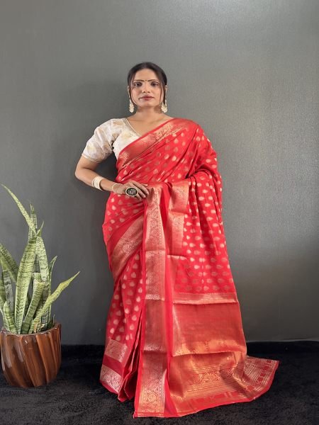 Red Ready to Wear Pure Banarasi Georgette Saree Ready To Wear Sarees