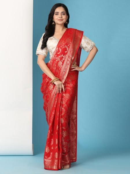 Red Ready to Wear Pure Banarasi Georgette Saree Ready To Wear Sarees