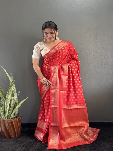 Red Ready to Wear Pure Banarasi Georgette Saree Ready To Wear Sarees