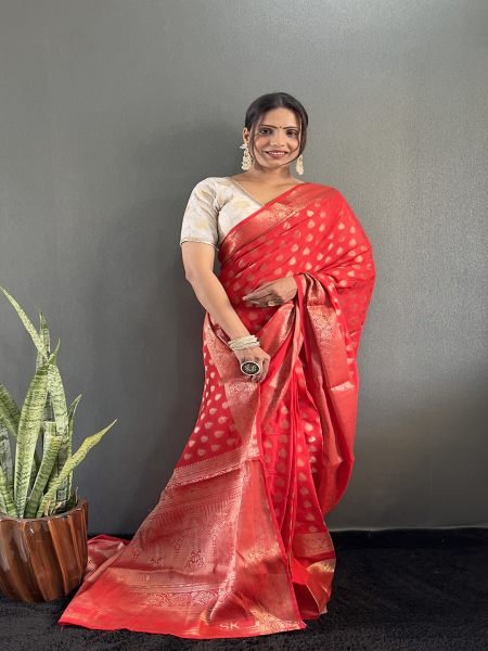 Red Ready to Wear Pure Banarasi Georgette Saree Ready To Wear Sarees