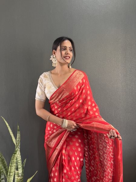 Red Ready to Wear Pure Banarasi Georgette Saree Ready To Wear Sarees