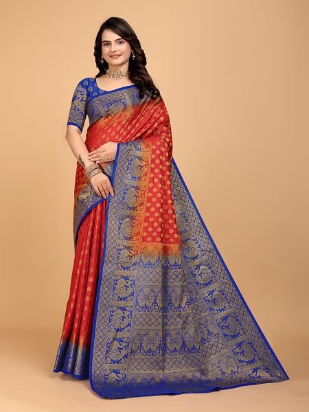 Red   Royal Blue Woven Banarasi Nylon Pure Silk Saree Sale