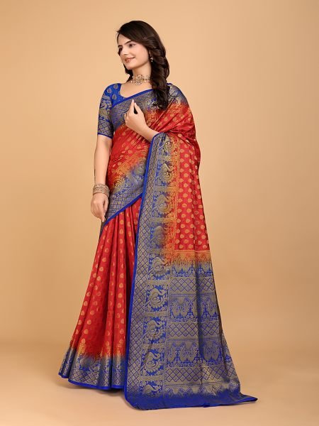 Red   Royal Blue Woven Banarasi Nylon Pure Silk Saree Banarasi Sarees