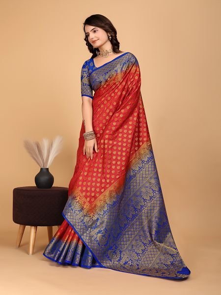 Red   Royal Blue Woven Banarasi Nylon Pure Silk Saree Banarasi Sarees