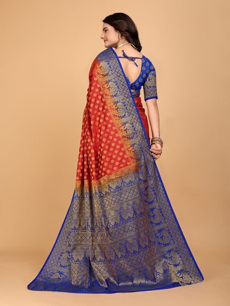 Red   Royal Blue Woven Banarasi Nylon Pure Silk Saree Banarasi Sarees