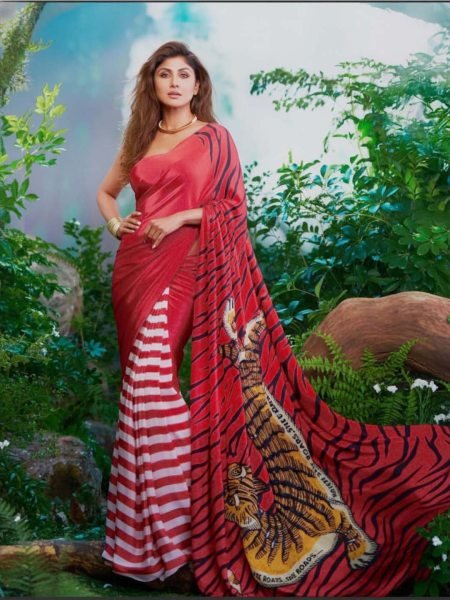 Red Silk Crepe Designer Saree with Tiger Print Pallu and Striped Pleats Designer Sarees