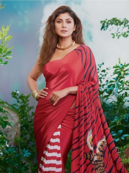 Red Silk Crepe Designer Saree with Tiger Print Pallu and Striped Pleats Designer Sarees