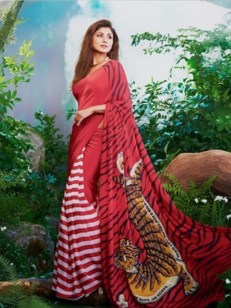 Red Silk Crepe Designer Saree with Tiger Print Pallu and Striped Pleats Designer Sarees