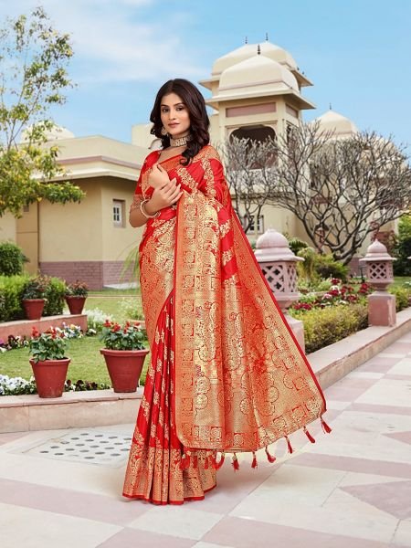 Red Woven Jacquard Kanjivaram Pure Silk Saree Banarasi Sarees