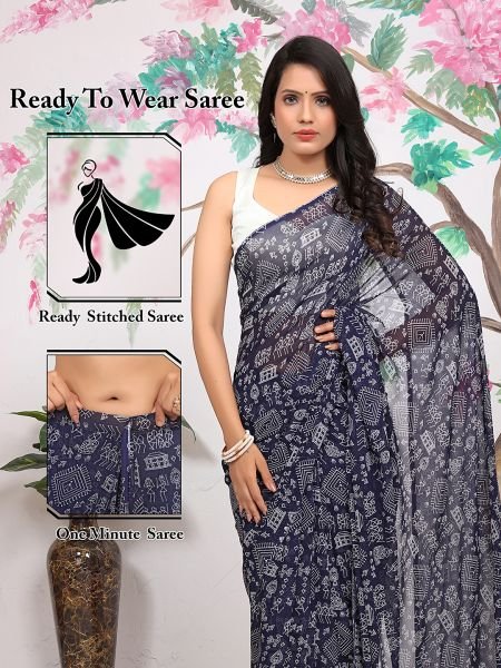 Redy To Wear FLoral Printed Georgette Navy Blue Sraee Sale