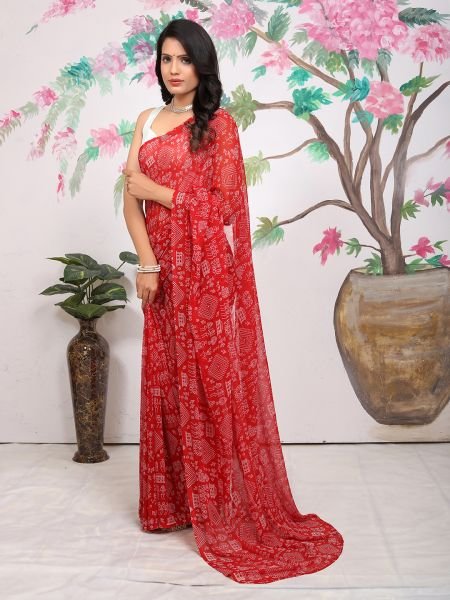 Ready To Wear FLoral Printed Georgette Red Sraee Ready To Wear Sarees