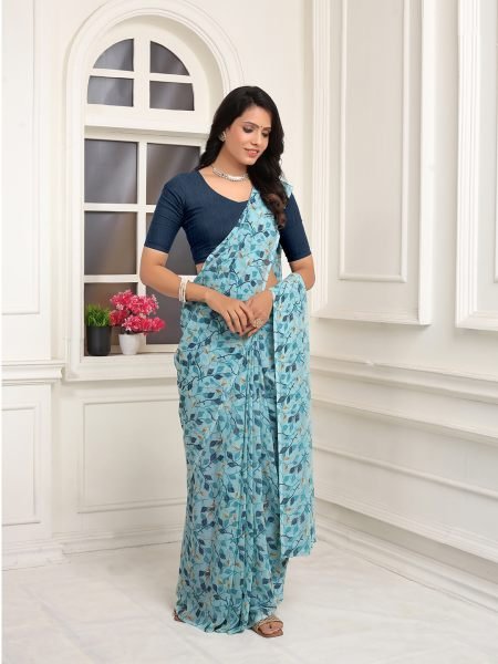 Redy To Wear FLoral Printed Georgette Sky Sraee Ready To Wear Sarees