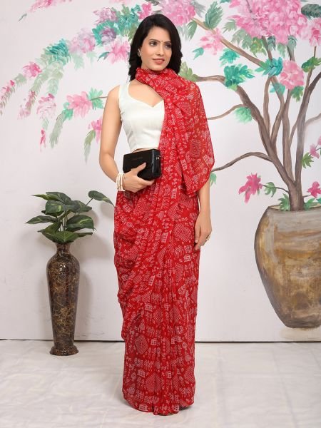 Ready To Wear FLoral Printed Georgette Red Sraee Ready To Wear Sarees