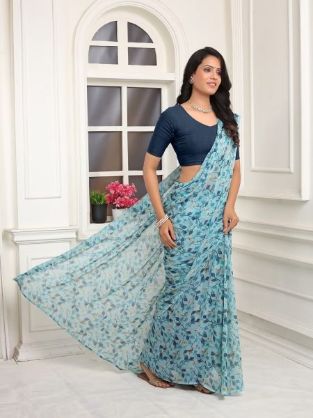 Redy To Wear FLoral Printed Georgette Sky Sraee Ready To Wear Sarees