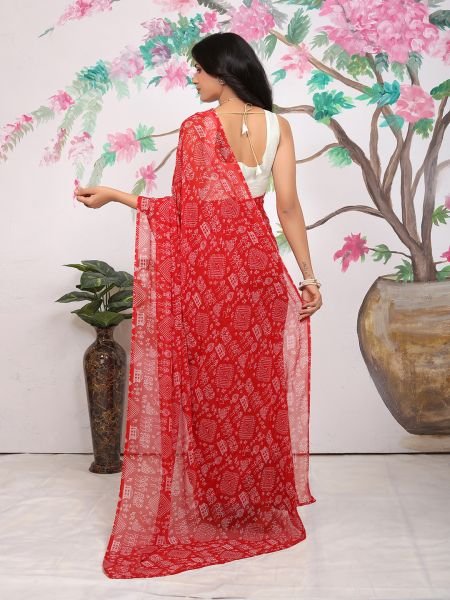 Ready To Wear FLoral Printed Georgette Red Sraee Ready To Wear Sarees