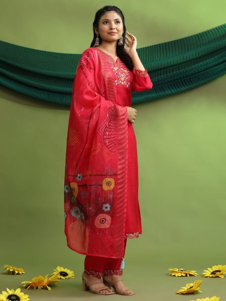 Roman Silk Embroidered Hand Work Kurta Pant Set with Dupatta – Elegant Women’s Ethnic Wear Kurta Sets