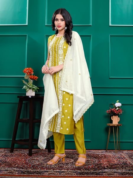 Roman Silk Embroidered Kurta Pant Set with Georgette Dupatta   Stitched Party   Festive Wear Set for Women Kurta Sets