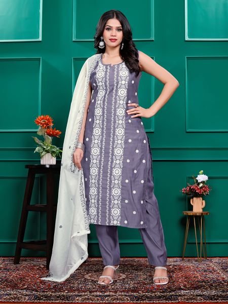 Roman Silk Embroidered Kurta Pant Set with Georgette Dupatta   Stitched Party   Festive Wear Set for Women Kurta Sets