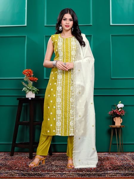Roman Silk Embroidered Kurta Pant Set with Georgette Dupatta   Stitched Party   Festive Wear Set for Women Kurta Sets
