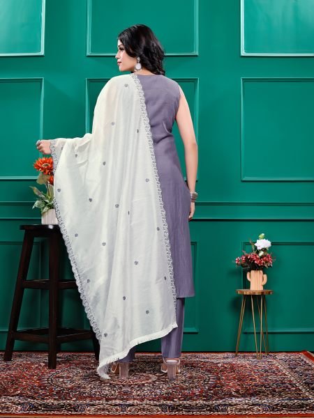 Roman Silk Embroidered Kurta Pant Set with Georgette Dupatta   Stitched Party   Festive Wear Set for Women Kurta Sets