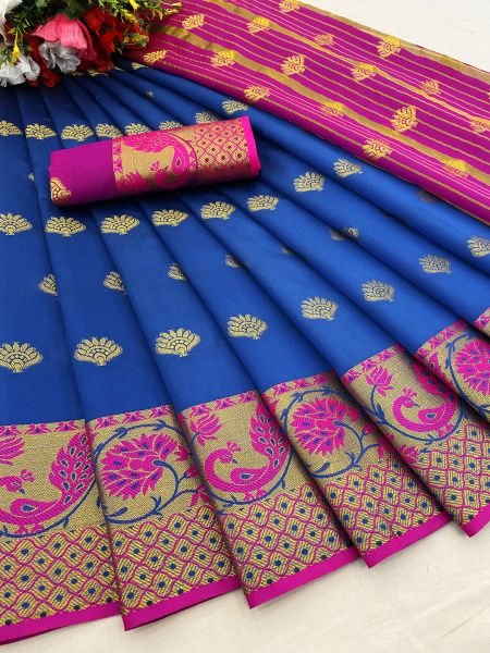 Royal Blue Banarasi Cotton Silk Saree with Jacquard Zari Weaving Sale