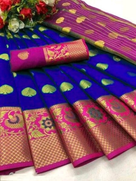 Royal Blue Cotton Silk Banarasi Saree with Zari Woven Jacquard for Festive Wear Sale