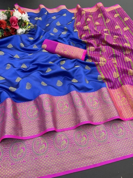 Royal Blue Cotton Silk Banarasi Saree with Jacquard Zari Peacock Woven Border Sale