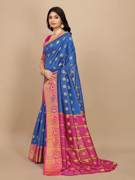 Royal Blue Ready To Wear Cotton Silk Woven Zari Jacquard Banarasi Traditional Saree Banarasi Sarees