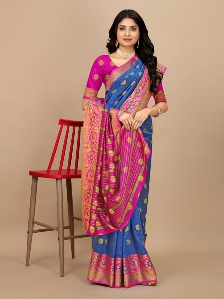 Royal Blue Ready To Wear Cotton Silk Woven Zari Jacquard Banarasi Traditional Saree Banarasi Sarees