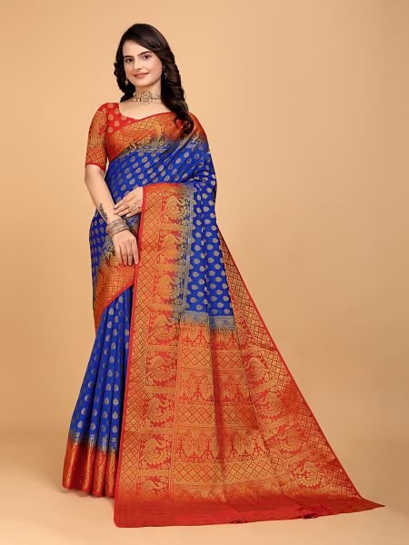 Royal Blue   Red Woven Banarasi Nylon Pure Silk Saree Sale