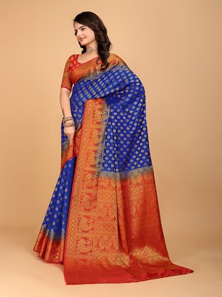 Royal Blue   Red Woven Banarasi Nylon Pure Silk Saree Banarasi Sarees