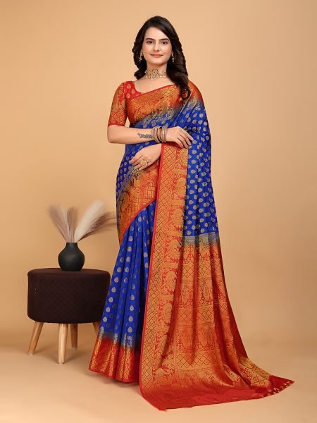 Royal Blue   Red Woven Banarasi Nylon Pure Silk Saree Banarasi Sarees