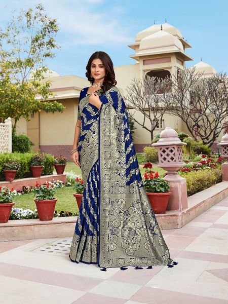 Royal Blue Woven Jacquard Kanjivaram Pure Silk Saree Sale