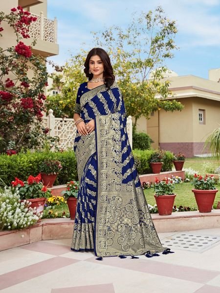 Royal Blue Woven Jacquard Kanjivaram Pure Silk Saree Banarasi Sarees