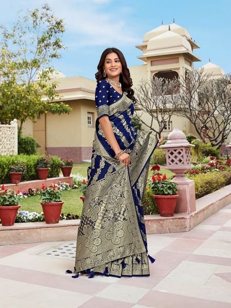 Royal Blue Woven Jacquard Kanjivaram Pure Silk Saree Banarasi Sarees