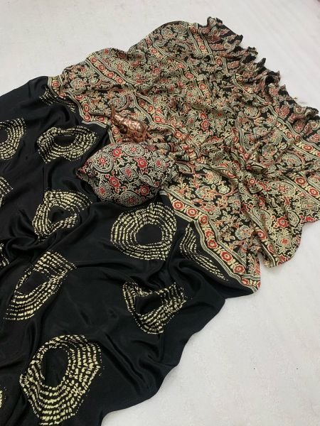Satin Silk Saree with Ajrakh Inspired Print   Circular Pallu Design Daily Deals