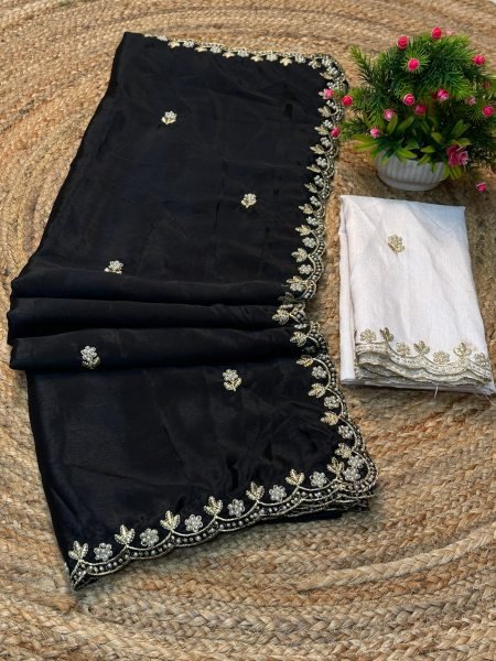Silk Chinon Embroidered Saree with Thread   Moti Work   Unstitched Blouse Piece     Elegant Designer Saree Daily Deals