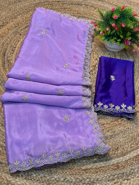 Silk Chinon Embroidered Saree with Thread   Moti Work   Unstitched Blouse Piece     Elegant Designer Saree Daily Deals