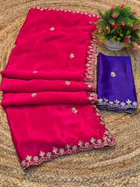 Silk Chinon Embroidered Saree with Thread   Moti Work   Unstitched Blouse Piece     Elegant Designer Saree Daily Deals