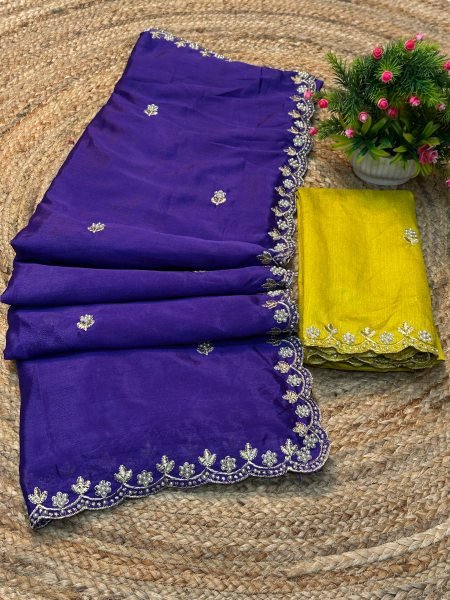 Silk Chinon Embroidered Saree with Thread   Moti Work   Unstitched Blouse Piece     Elegant Designer Saree Daily Deals