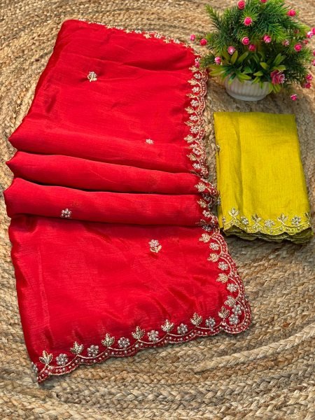 Silk Chinon Embroidered Saree with Thread   Moti Work   Unstitched Blouse Piece     Elegant Designer Saree Daily Deals