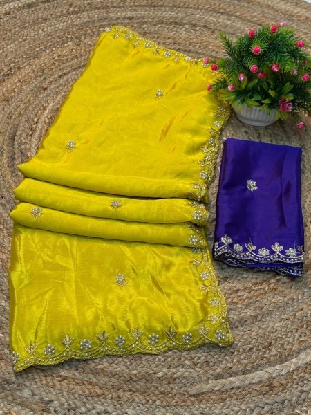 Silk Chinon Embroidered Saree with Thread   Moti Work   Unstitched Blouse Piece     Elegant Designer Saree Daily Deals