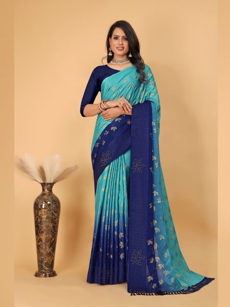 Sky Blue Diamond Work Zari Butta Party Wear Saree  Sale