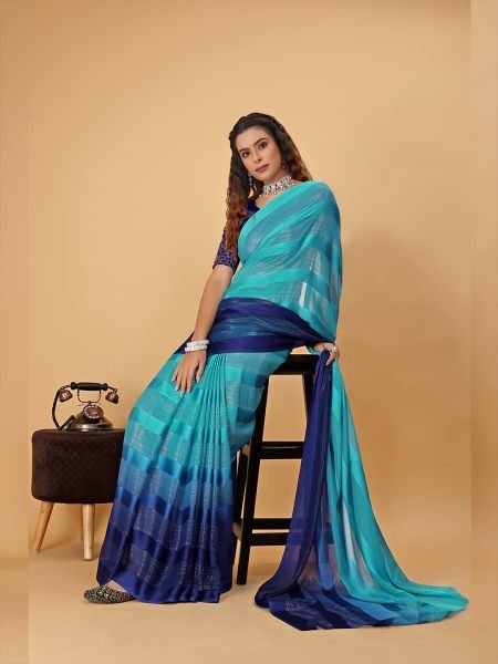 Sky Blue Plain Satin Striped Georgette Saree Designer Sarees