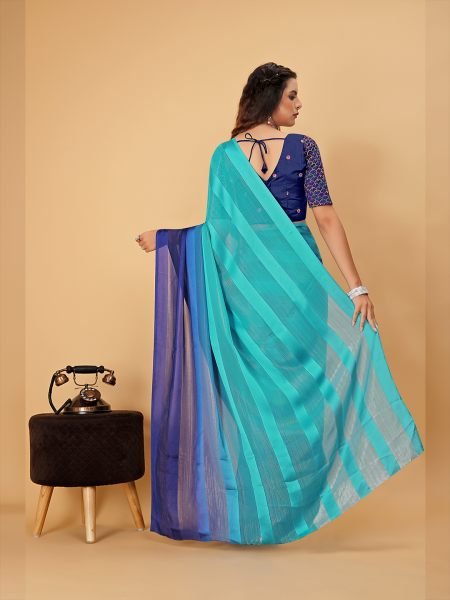 Sky Blue Plain Satin Striped Georgette Saree Designer Sarees