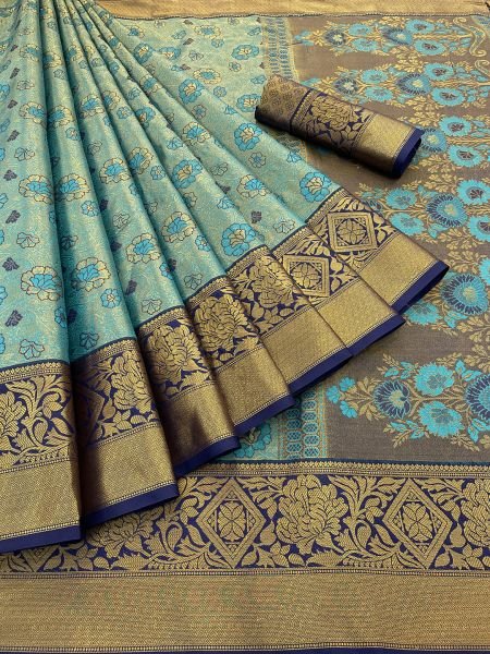 Sky Blue Pure Silk Dharmavaram Pattu Saree with Exquisite Jacquard Zari Weaving Sale