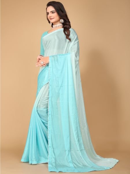 Sky Blue Solid Plain Lace Border Fix Diamond Work Designer Saree Designer Sarees