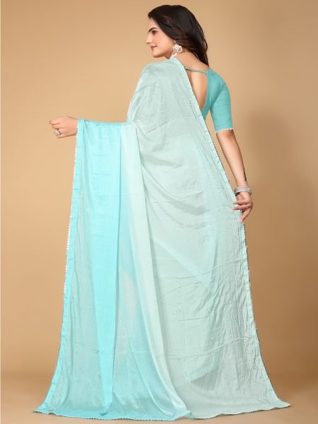 Sky Blue Solid Plain Lace Border Fix Diamond Work Designer Saree Designer Sarees